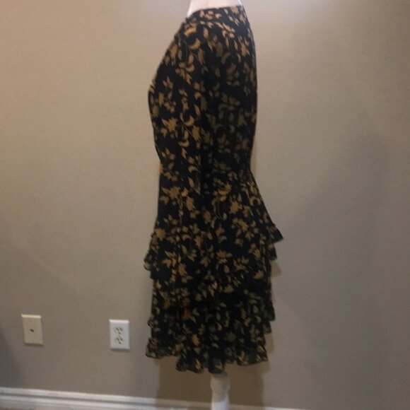 Black & Gold Floral Long Puffed Sleeve Dress Elastic Waist Layered Ruffle Hem-L - Picture 3 of 14